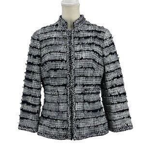 Per Se Navy Blue & White Tweed‎ & Allover Fringe Overlay Blazer Jacket Size 6